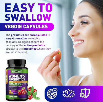 Probiotics for Women - 60 Billion CFUs, 16 Strains, with Cranberry, D-Mannose & Prebiotics - Supports Digestive, Immune, & Vaginal Health - Non-GMO, Dairy & Gluten-Free - 60 Veggie Capsules