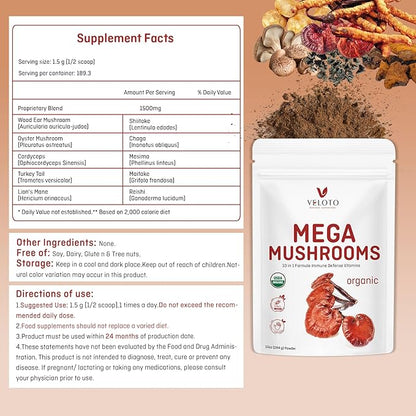 Organic Mega Mushroom Powder Blend, 10 in 1 Complex Mushroom Extract Powder Herbal Supplement with Reishi, Cordyceps, Chaga, Lion's Mane, Vegan & More, Sustainably US Grown, Filler Free, 10oz