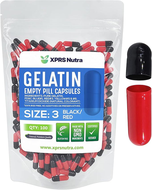 XPRS Nutra Size 3 Empty Capsules - 100 Count Empty Gelatin Capsules - Empty Pill Capsules - DIY Capsule Filling - Pure Bovine Pill Capsules Empty Gel Caps (Black/Red)