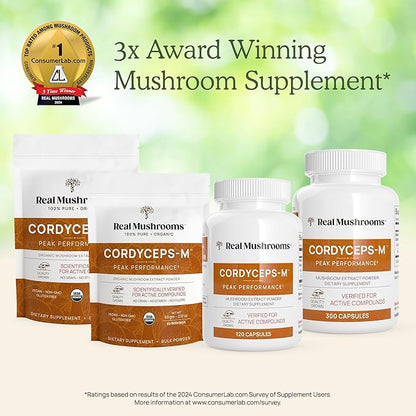 Real Mushrooms Cordyceps Capsules - Performance Mushroom Extract Supplement with Organic Militaris for Energy & Immune Support Vegan Supplement, Non-GMO, 120 Caps