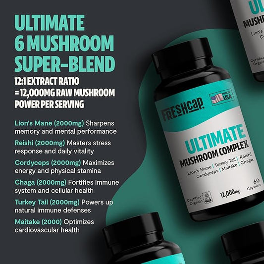 FreshCap Ultimate Mushroom Supplement 12,000mg - Mushroom Complex Capsules, Organic Mushrooms Supplement, Mushroom Extract, Ayurveda Mushroom Blend Nootropic (60 Capsules)