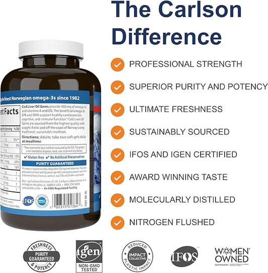 Carlson - Cod Liver Oil Gems, 460 mg Omega-3s, plus D3, Wild 150 + 30 Softgels