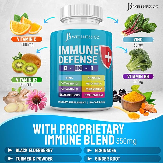Immune Support 8 in 1 Capsules - Zinc Supplement, Vitamin D3 5000 IU, Vitamin C 1000MG and Elderberry - Immune Booster Supplement with Echinacea, Ginger Root, and Turmeric - [3-Pack, 180 Count]
