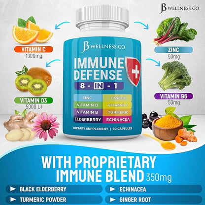 Immune Support 8 in 1 Capsules - Zinc Supplement, Vitamin D3 5000 IU, Vitamin C 1000MG and Elderberry - Immune Booster Supplement with Echinacea, Ginger Root, and Turmeric - [3-Pack, 180 Count]