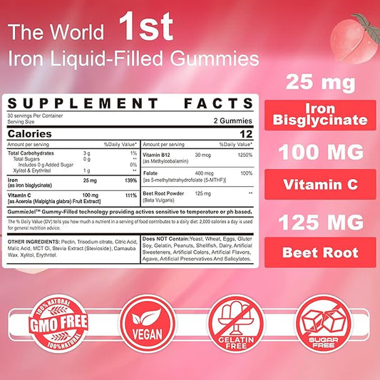 Vegan Iron Gummies Supplement for Women 100mg, Beet B12, Folate 60 Cts