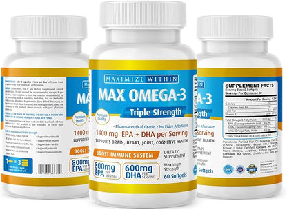Max Omega 3 Fish Oil Pills (2000 mg 3 Fatty 600mg DHA 800 mg