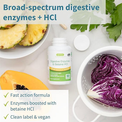 Advanced Digestive Enzymes & Betaine HCl, with Protease, Broad Spectrum, Lipase & Lactase, Plant-Based Vegan Papain & Bromelain, Clean Label, 90 Capsules, by Igennus