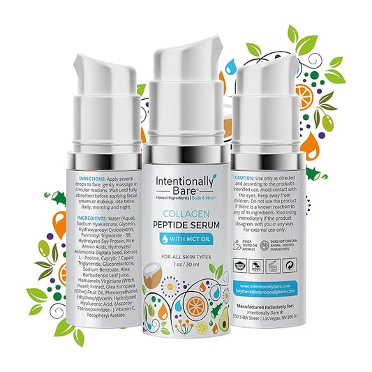Intentionally Bare Collagen Serum for Face with MCT Oil - Collagen Peptide with Hyaluronic Acid for Fine Lines - Anti Aging Collagen Peptide Serum for All Skin Types - Collagen Serum for Women - 1oz