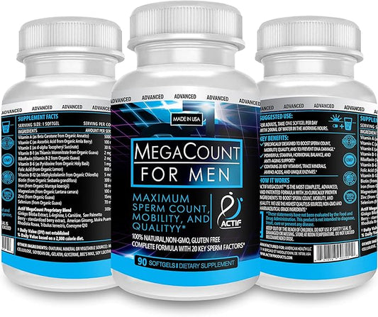 ACTIF MegaCount for Men - Maximum Fertility Support and Sperm Count Booster, Clinically Proven to Improve Sperm Count and Motility - Non-GMO, Made in USA, 90 Count