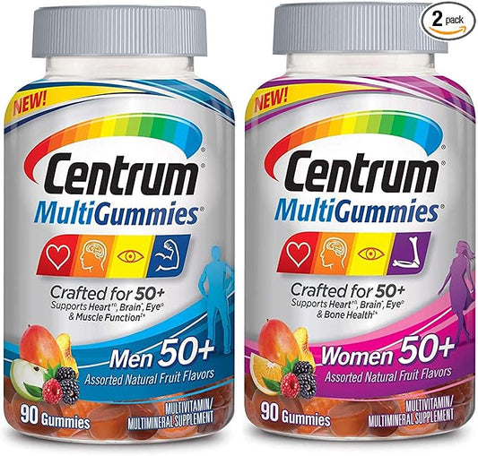 Centrum MultiGummies Men and Women 50+ Bundle Supports Heart, Brain and Eye Health Multivitamin/Multimineral Supplement in Assorted Natural Fruit Flavor (90 Gummies) Pack of 2