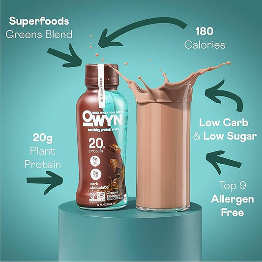 OWYN Only What You Need Vegan Protein Shake, 20g Plant Based Protein from Organic Pumpkin seed, Organic Flax oil, Pea, Prebiotics, Gluten and Soy Free (Dark Chocolate, 36 Pack)