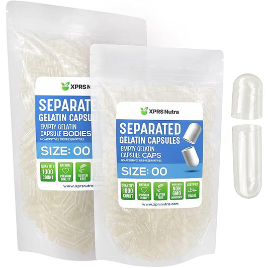 XPRS Nutra Gelatin Size 00 Separated Capsules - 1000 Count Gelatin Empty Capsules Separated in Bags - Separated Empty 00 Capsules - Pill Capsules DIY