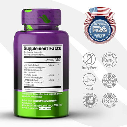 ORZAX Milk Thistle 250 mg 80% Silymarin 120 Vegetable