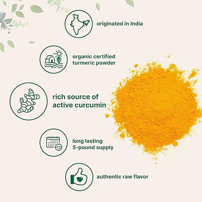 Organic Turmeric Powder, 5 Pounds | Rich in Active Curcumin | Pure Turmeric Supplement | Antioxidant Support for Joint & Immune Health | Non-GMO, Vegan Friendly, India Origin