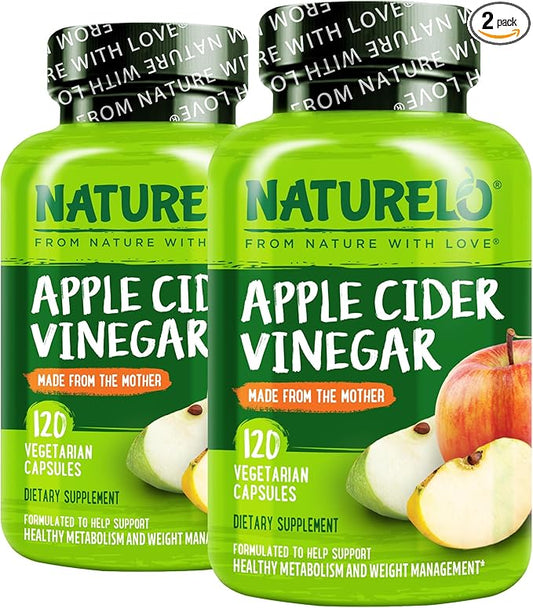 NATURELO Apple Cider Vinegar Capsules - Natural ACV with Mother Supplement for Men & Women for Detox, Cleanse and Weight Management - 120 Vegan Capsules (Pack of 2)
