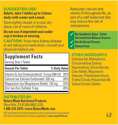 Nature Made Calcium Magnesium Zinc D3, Dietary 300 Tablets