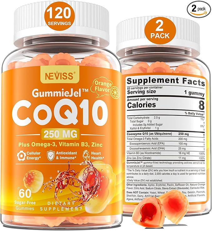 Sugar-Free CoQ10-250mg Filled Gummies 4 Months Omega-3, Vitamin B3 & Q10 Supplements 2-Pack