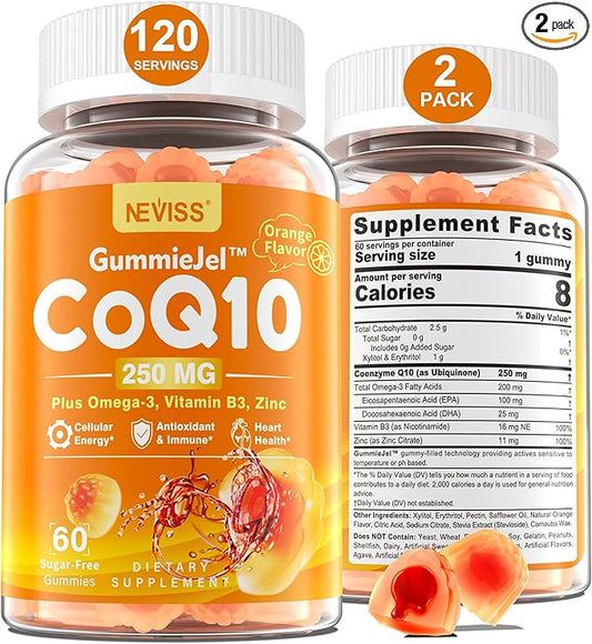 Sugar-Free CoQ10-250mg Filled Gummies - 4 Months Supply - Plus Omega-3, Vitamin B3 & Zinc, High Absorption Coenzyme Q10 Supplements for Heart Health, Cellular Energy & Antioxidant Support, 2-Pack