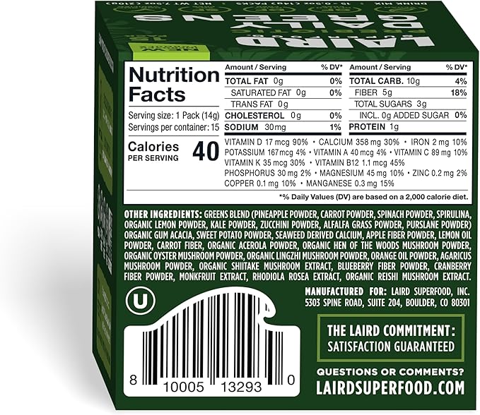 Laird Superfood Prebiotic Daily Greens Powder 15 Single