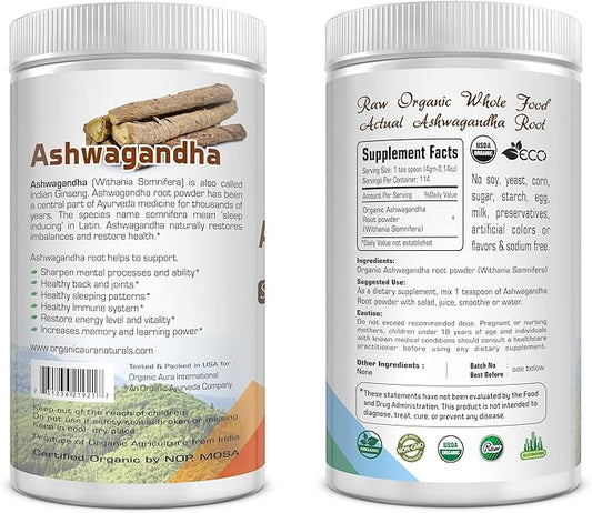 Certified Organic Ashwagandha Root Powder 16Oz -1Lb. Natural 100% Natural