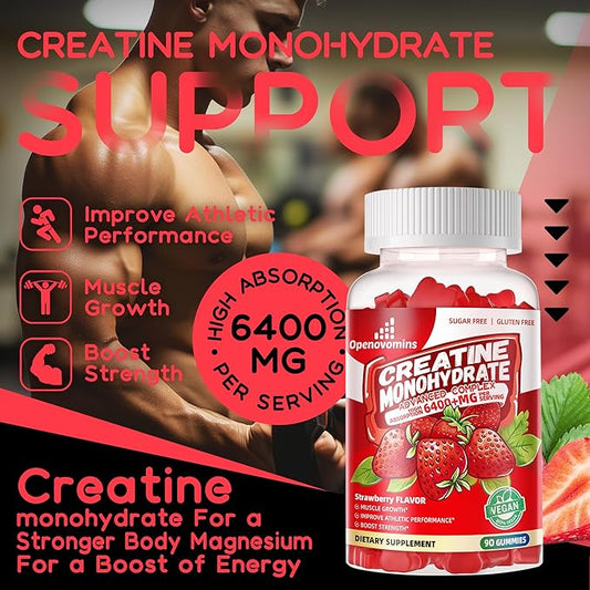 Creatine Monohydrate Gummies Complex 6400mg for Men & Women -Advanced Formula W/L-Taurine + Vitamin B12, Sugar Free Chewable Supplement,90 Strawberry Gummies