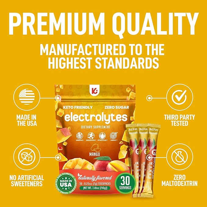 Keppi Mango Electrolytes Powder Packets – 30 Sugar Free Hydration Packets, Keto-Friendly Hydration Packets Perfect for Travel, Gym, and Everyday Refreshment