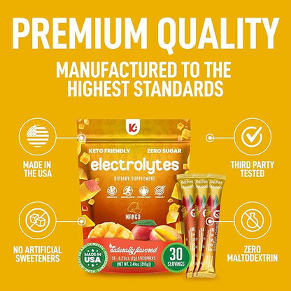 Keppi Mango Electrolytes Powder Packets – 30 Sugar Free Hydration Packets, Keto-Friendly Hydration Packets Perfect for Travel, Gym, and Everyday Refreshment