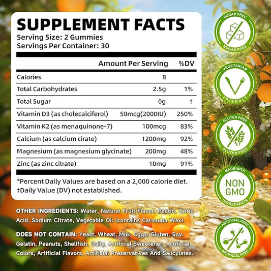 Calcium Citrate Gummies 1200 mg with Vitamin D3, K2, Magnesium, Zinc, Bone Support for Bones, Muscles & Joints,Immunity & Memory Support, 120 Count