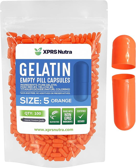 XPRS Nutra Size 5 Empty Capsules - 100 Count Very Small Empty Gelatin Capsules - Empty Pill Capsules - DIY Capsule Filling - Fillable Pill Capsules Empty Gel Caps (Orange)