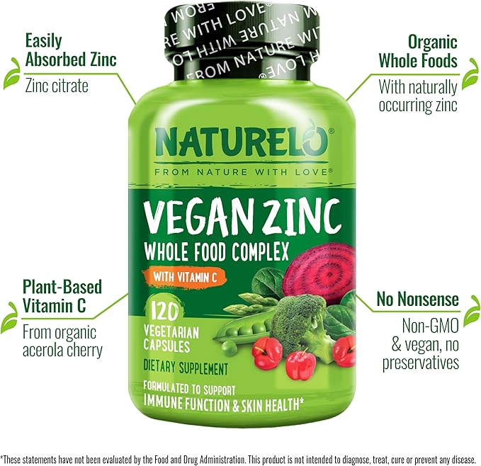 NATURELO Vegan Zinc Whole Food Complex 120 Capsules