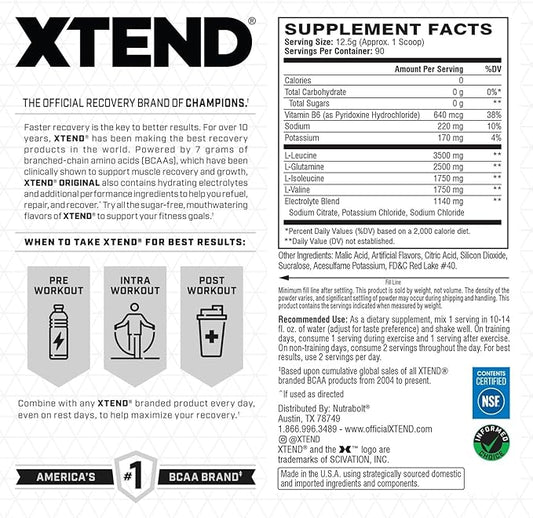 Xtend XTEND Original BCAA Powder 7g BCAA and 2.5g L-Glutamine, Sugar Free Post Workout Muscle Recovery Drink with Amino Acids for Men & Women, 90 Servings