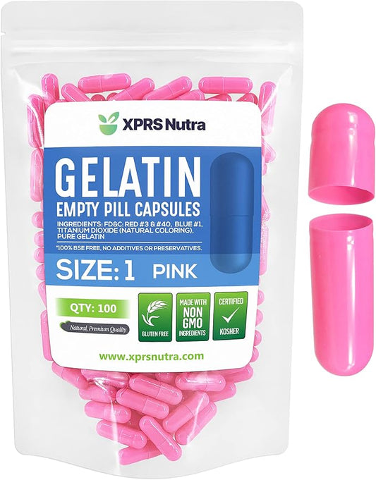 XPRS Nutra Size 1 Empty Capsules - 100 Count Empty Gelatin Capsules - Empty Pill Capsules for DIY Capsule Filling - Pure Bovine Pill Capsules Empty Gel Caps (Pink)