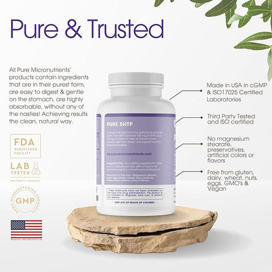 Pure 5-HTP (5-Hydroxytryptophan) Plus GABA Supplement 60 Veggie
