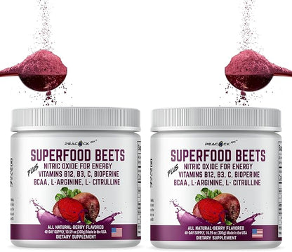 Beet Root Powder, 10.59 oz, Pack of 2 - Berry Flavor Nitric Oxide Booster Superfood with Green Tea Extract, BCAA, L-Arginine, L-Citrulline for Heart Health & Circulation Support, Non-GMO