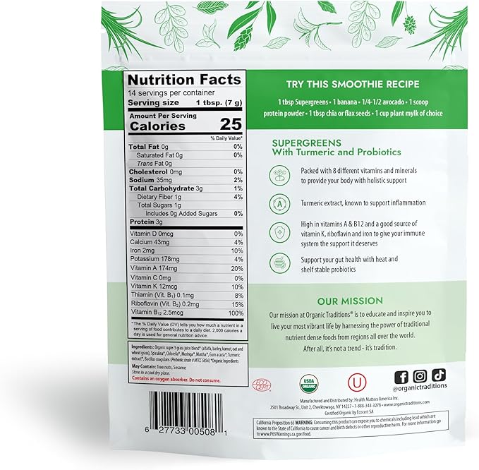 Organic Traditions Super Greens Powder Superfood with Turmeric, Organic Greens Superfood Powder, 100g/3.5oz Bag