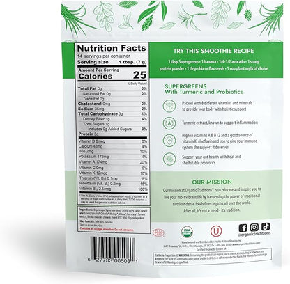 Organic Traditions Super Greens Powder Superfood with Turmeric, Organic Greens Superfood Powder, 100g/3.5oz Bag