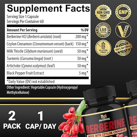 (2 Packs) Berberine Supplement Plus Ceylon Cinnamon, Turmeric, Artichoke, Milk Thistle, Black Pepper - 120 Capsules - 4 Months Supply