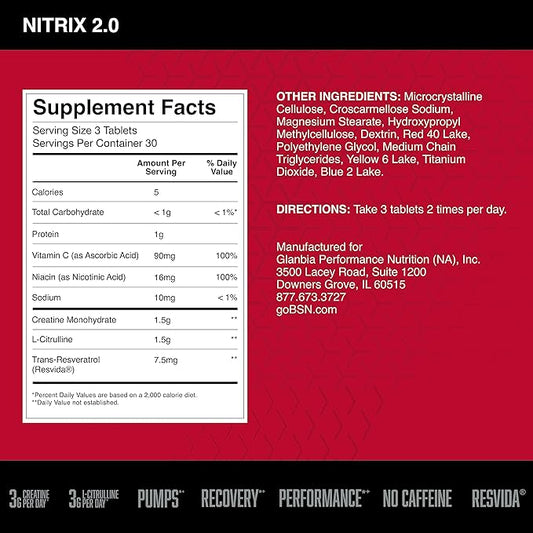 BSN NITRIX 2.0 - Nitric Oxide Precursors, 3g Creatine, 3g L Citrulline - Supports Workout Performance, Pumps, Muscle Recovery and Endurance - 90 Tablets