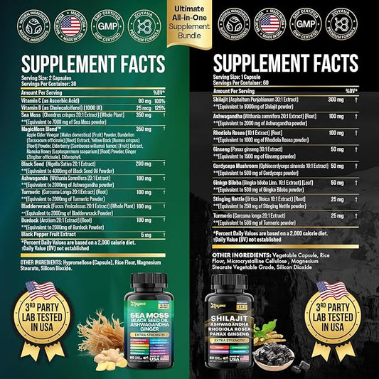 Zoyava Dynamic Vitality Bundle, Sea Moss 7000mg, Black 4000mg, Ashwagandha 2000mg, Ginger 9000mg, Rhodiola 1000mg, Panax (60 Count)
