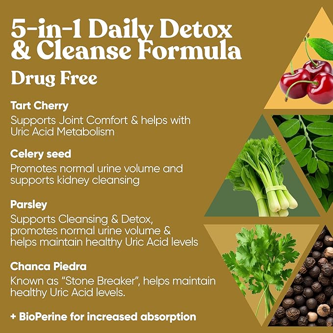 Purge! Uric Acid Flush – Eat & Drink What You Want – Detox and Cleanse with Celery Seed Extract, Tart Cherry & Chanca Piedra for Effective Joint Support & Active Mobility – 120 Soft Vegan Capsules
