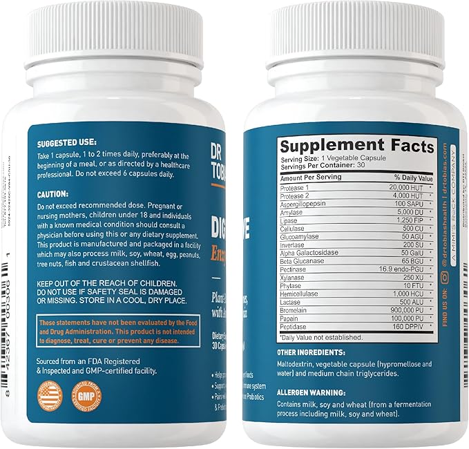 Dr. Tobias Digestive Enzymes with Amylase, 18 Enzymes 30 Capsules, 15 Servings
