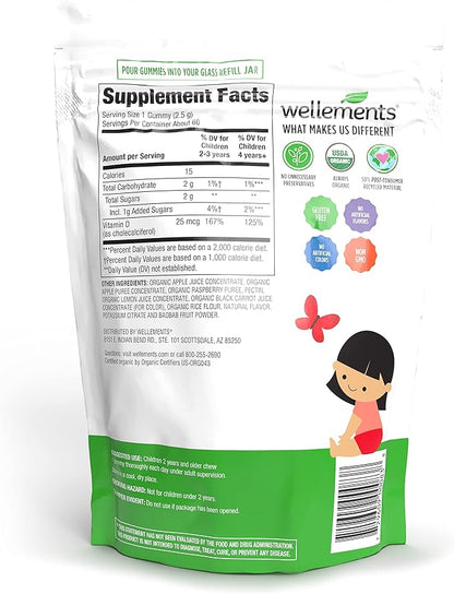 Wellements Organic Fruit Bite Vitamin D Gummies | Vitamin D3 Gummy for Kids, Supplement for Healthy Growth & Bone Development*, Raspberry Flavor | 60 Day Supply, Ages 2+