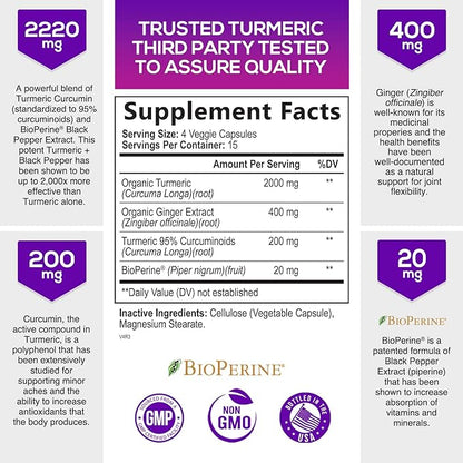 Turmeric Curcumin with BioPerine Black Pepper 95% Standardized 2600mg for 60 Capsules