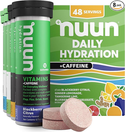 Nuun Hydration Vitamins Electrolyte Tablets, Mixed Flavor Pack + Caffeine, 5 Essential Electrolytes for Hydration + Vitamin A, B6, C, D, E, with Magnesium, Vegan, Non-GMO, 4 Pack (48 Servings)