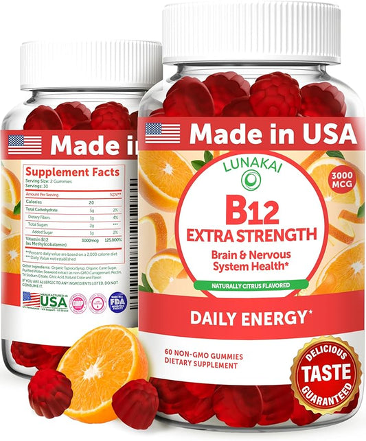 Lunakai Extra Strength 3000mcg Vitamin B12 Gummies B12 Methylcobalamin 60ct