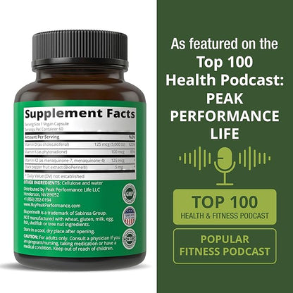 Peak Performance Advanced Vitamin D 5000 IU with All 3 Types of Vitamin K Vitamin D3 and Vitamin K2, K1, MK-7 (MK7), MK4 Supplement. 60 Small and Easy to Swallow Vegetable Pills (5000 IU)
