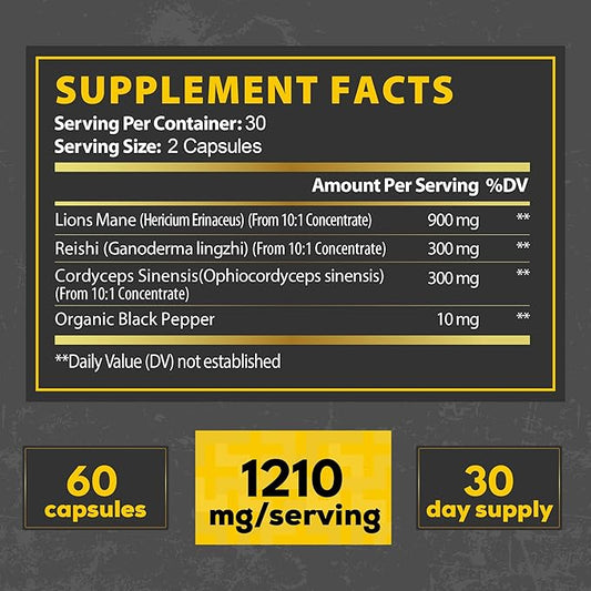 4in1 Lions Mane Supplement Capsules 60 Vegan 1210Mg Mushroom