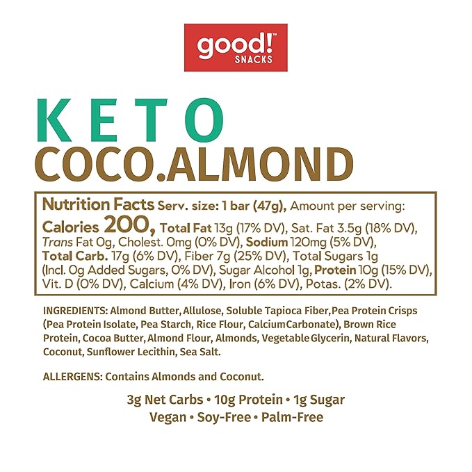 good! Snacks Keto Vegan Protein Bars, Coconut Almond, Gluten Free Keto Snack Bar, Low Carb, Low Sugar Meal Replacement, High Protein Healthy Snacks, 10g Protein, 3g Net Carbs, 12 Bars