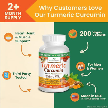 Turmeric Curcumin with Black Pepper - Organic Turmeric Powder - 200 Capsules - 1965mg Extra Strength, Joint Support Supplement - High Absorption, BioPerine Extract, High Potency, Vegan - Made in USA