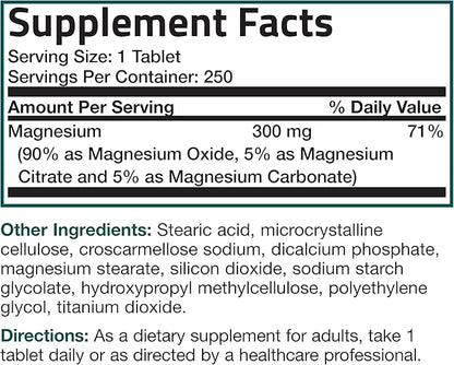 Triple Magnesium Complex Maximum Coverage 300 Mg Magnesium Oxide Magnesium Citrate Magnesium Carbonate, Non-GMO Formula, 250 Tablets